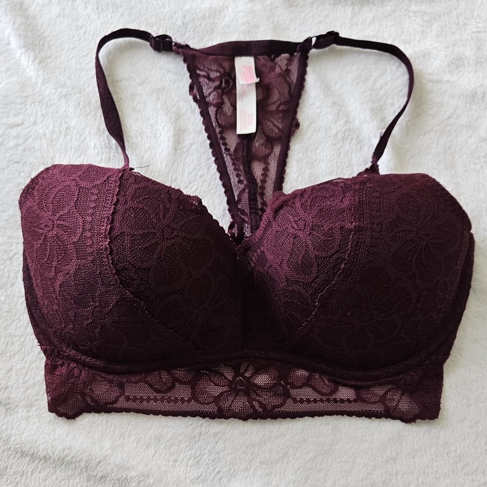 ❤️3/$12 PINK Victoria's Secret Pushup Rich Burgundy Lace Bra